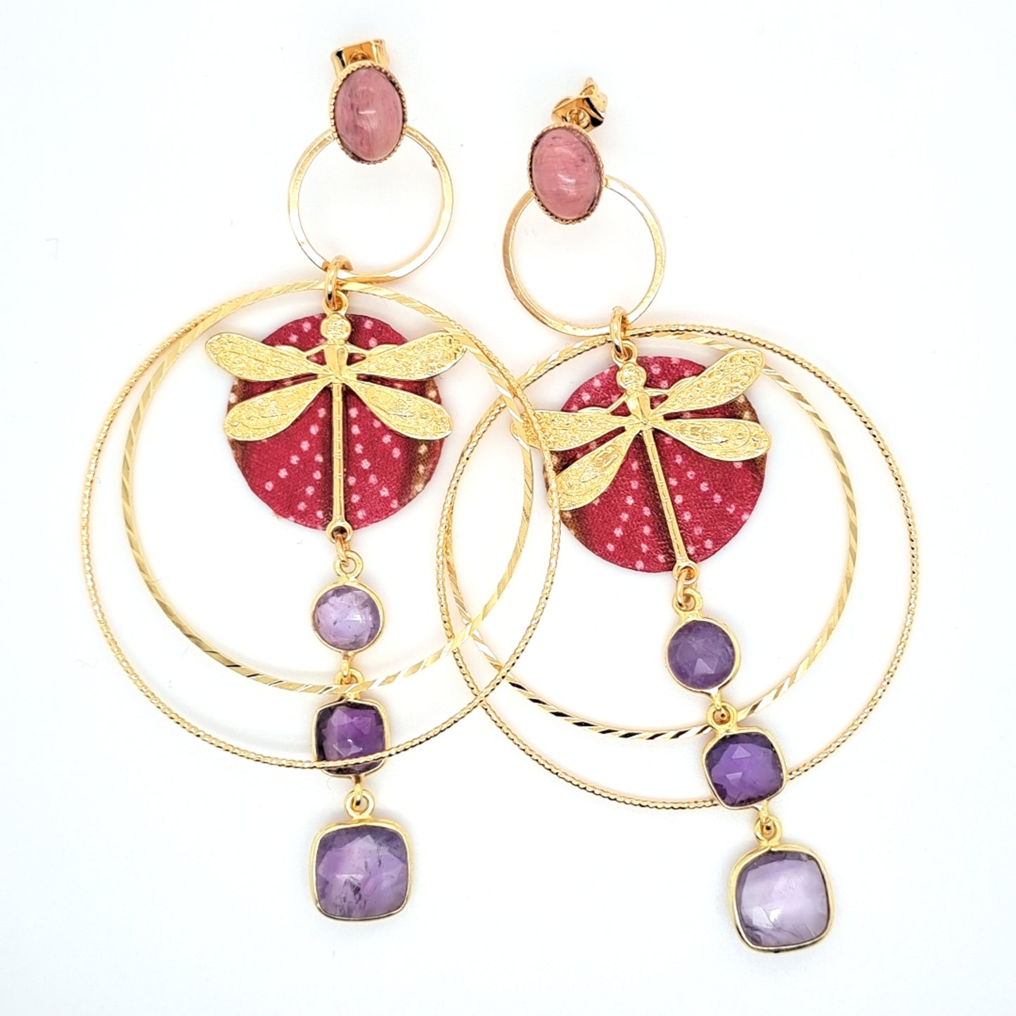Libellule en fête II - Boucles d'oreilles créoles rhodonite améthyste