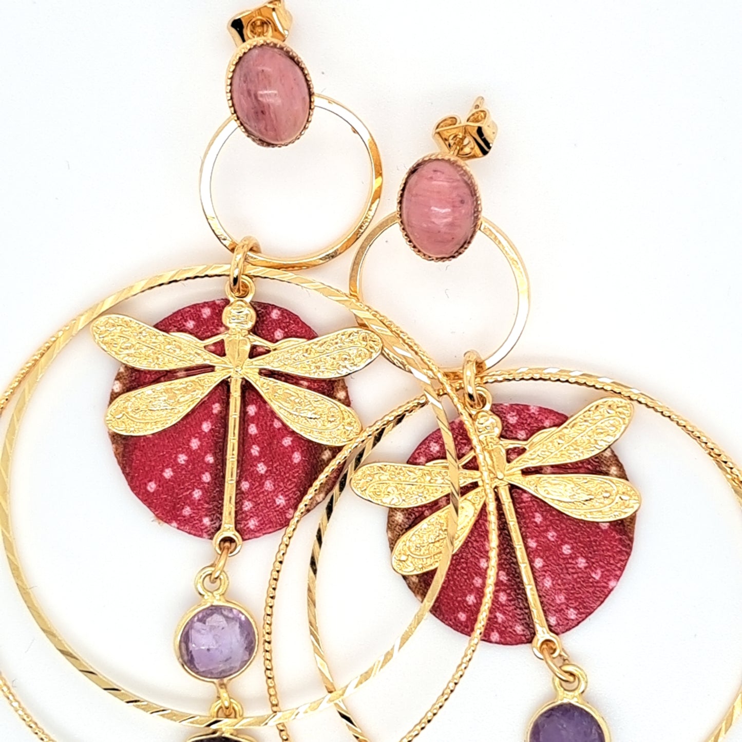 Libellule en fête II - Boucles d'oreilles créoles rhodonite améthyste