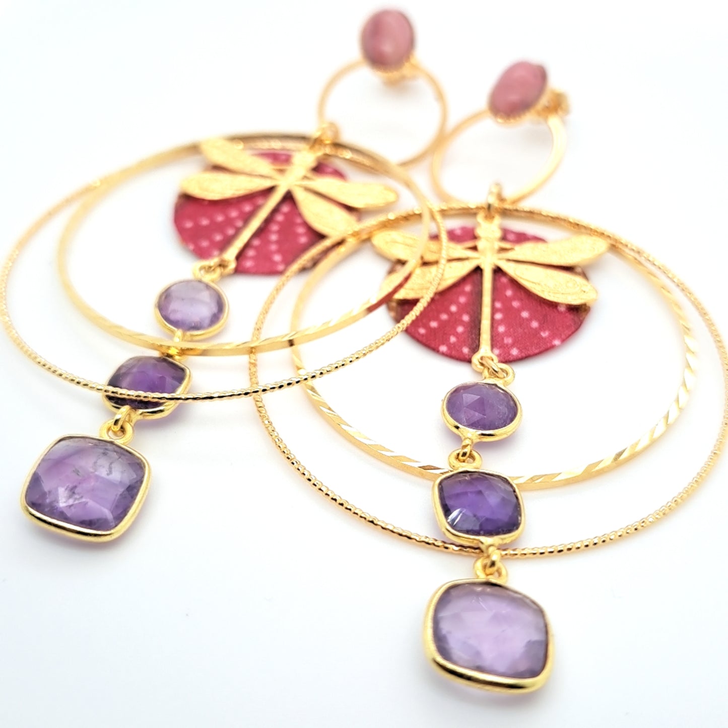 Libellule en fête II - Boucles d'oreilles créoles rhodonite améthyste