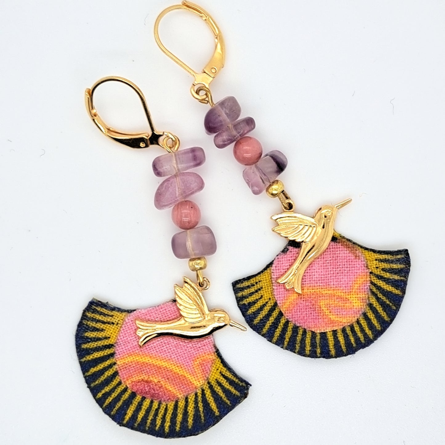 Magic colibris II - Boucles d'oreilles pendantes améthyste et rhodonite