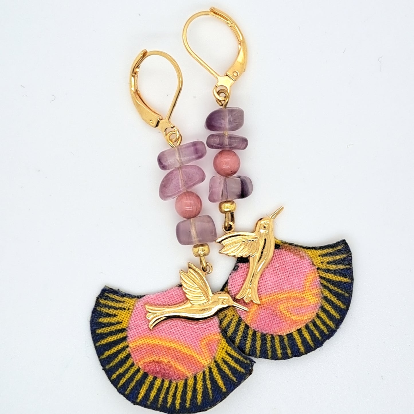 Magic colibris II - Boucles d'oreilles pendantes améthyste et rhodonite