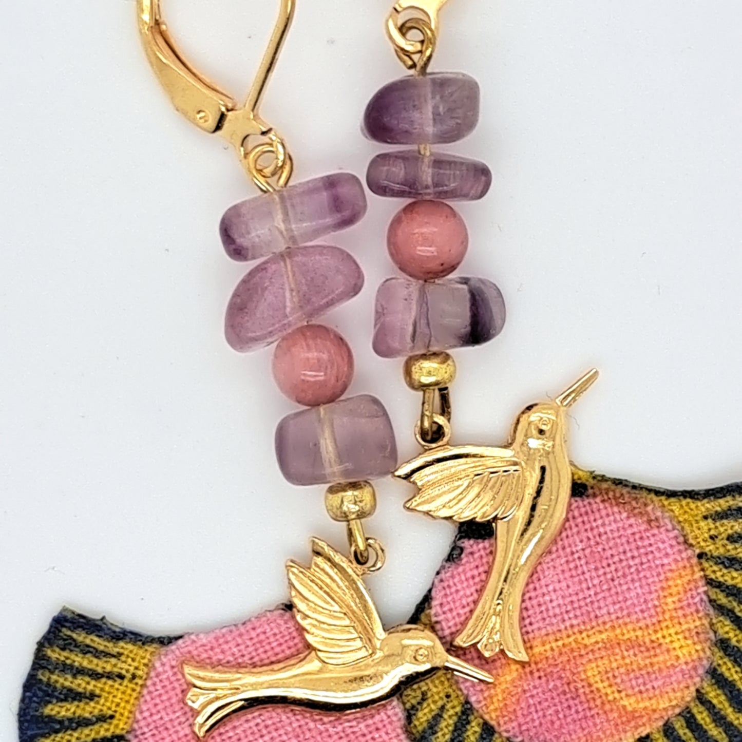 Magic colibris II - Boucles d'oreilles pendantes améthyste et rhodonite