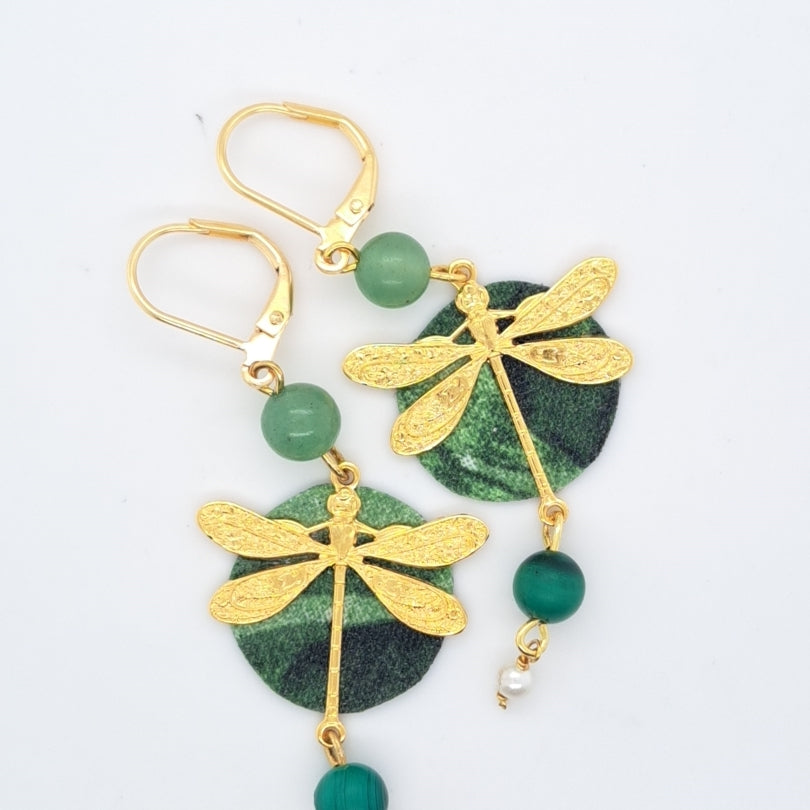 Libre en libellule vert - Boucles d'oreilles pendantes aventurine malachite