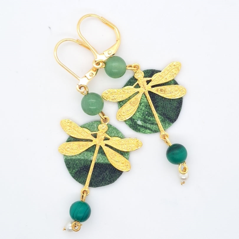 Libre en libellule vert - Boucles d'oreilles pendantes aventurine malachite