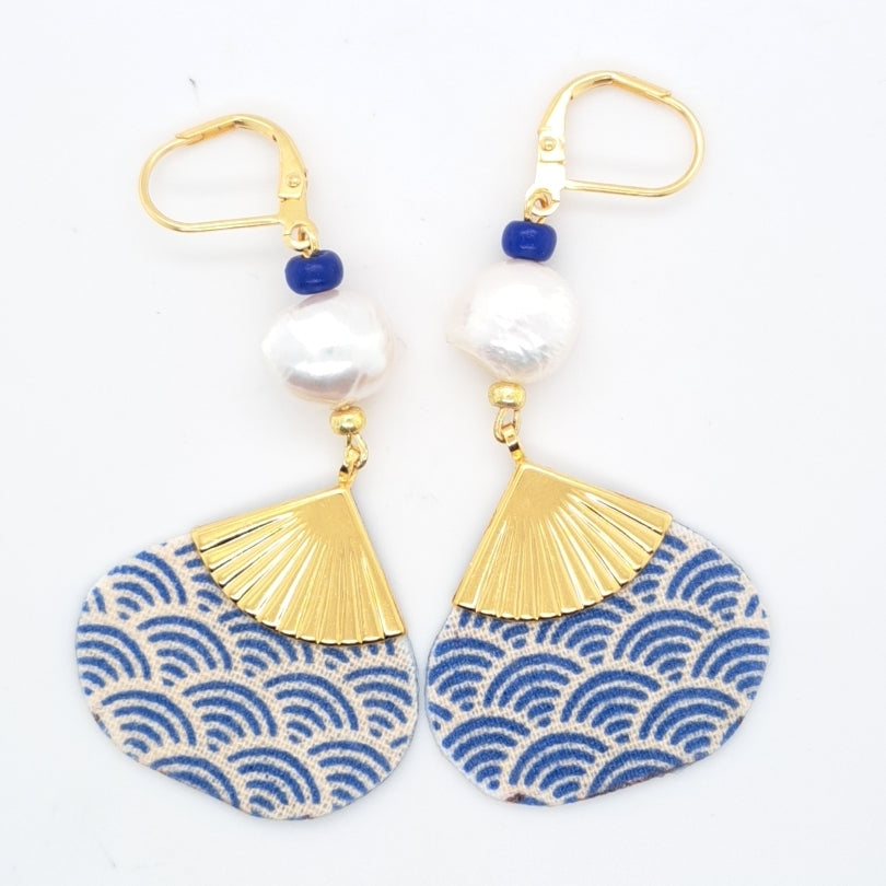 Hôi An bleu- Boucles d'oreilles perles d'eau douce