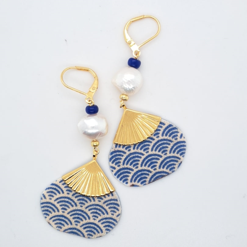 Hôi An bleu- Boucles d'oreilles perles d'eau douce