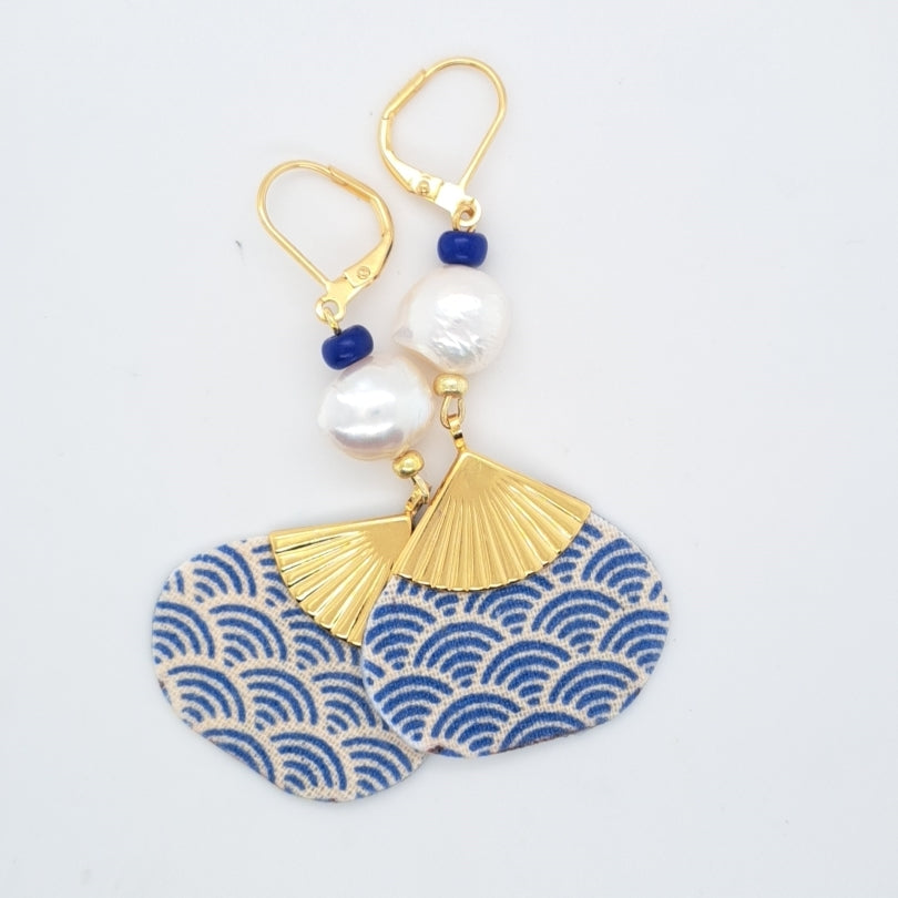 Hôi An bleu- Boucles d'oreilles perles d'eau douce