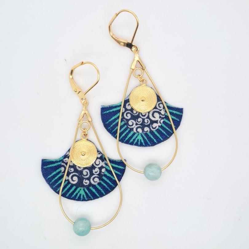 Gingko Indigo - Boucles d'oreilles pendantes bleues créoles gouttes