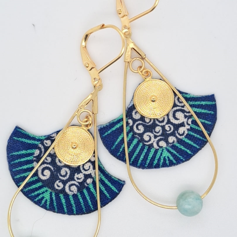 Gingko Indigo - Boucles d'oreilles pendantes bleues créoles gouttes