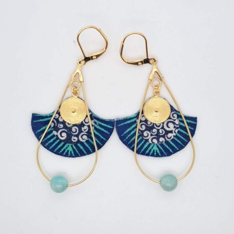 Gingko Indigo - Boucles d'oreilles pendantes bleues créoles gouttes