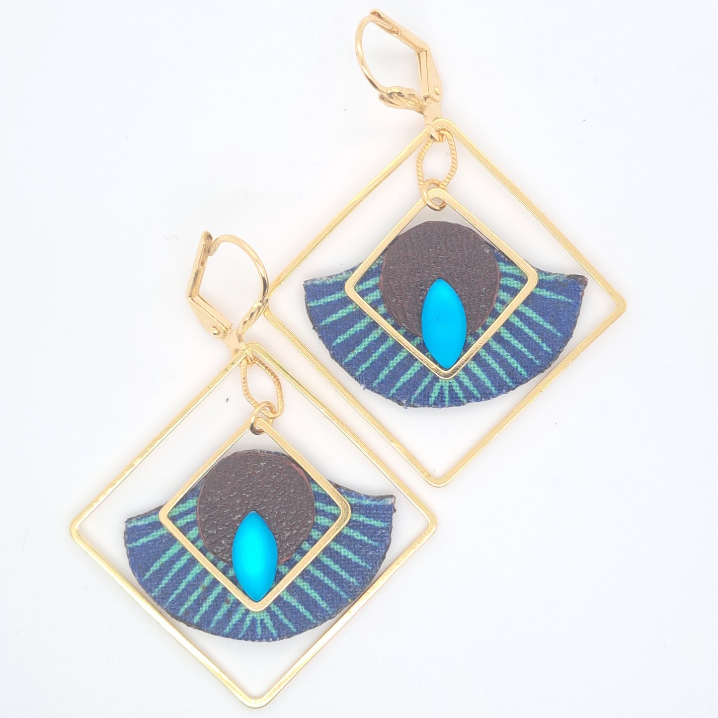 Art déco bleu - Boucles d'oreilles carré cuir