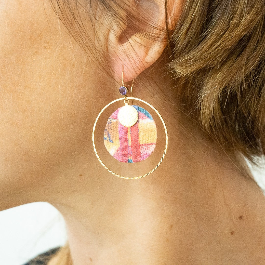 boucles d'oreilles tissu rose améthyste créole plaqué or