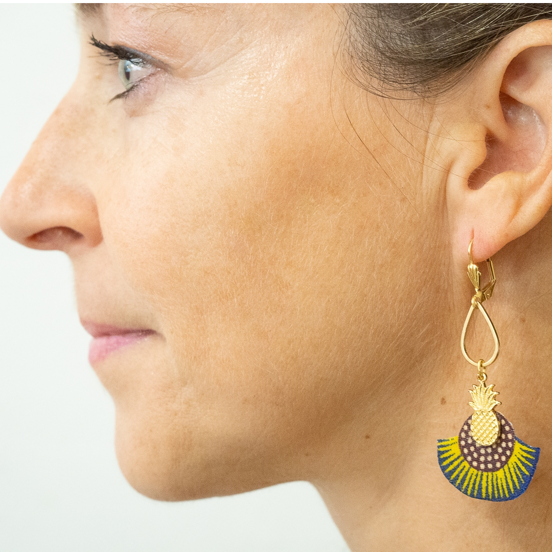 boucles d'oreilles tissu wax jaune brun pendantes ananas