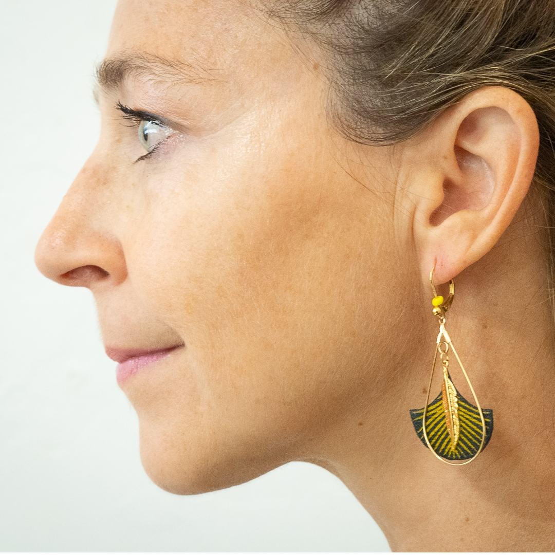 boucles d'oreilles tissu noir et or plume créole goutte doré