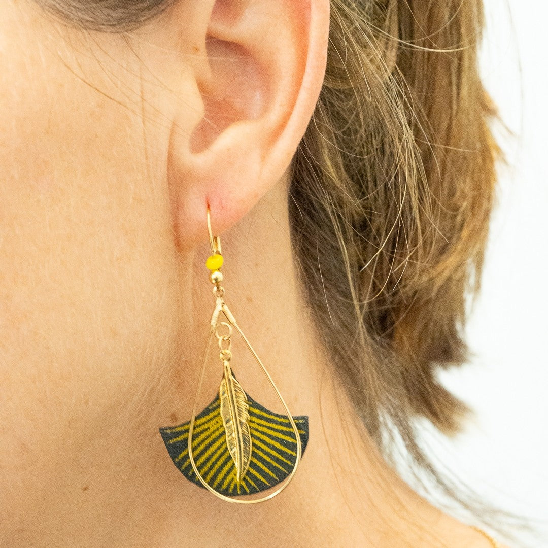 boucles d'oreilles tissu noir et or plume créole goutte doré