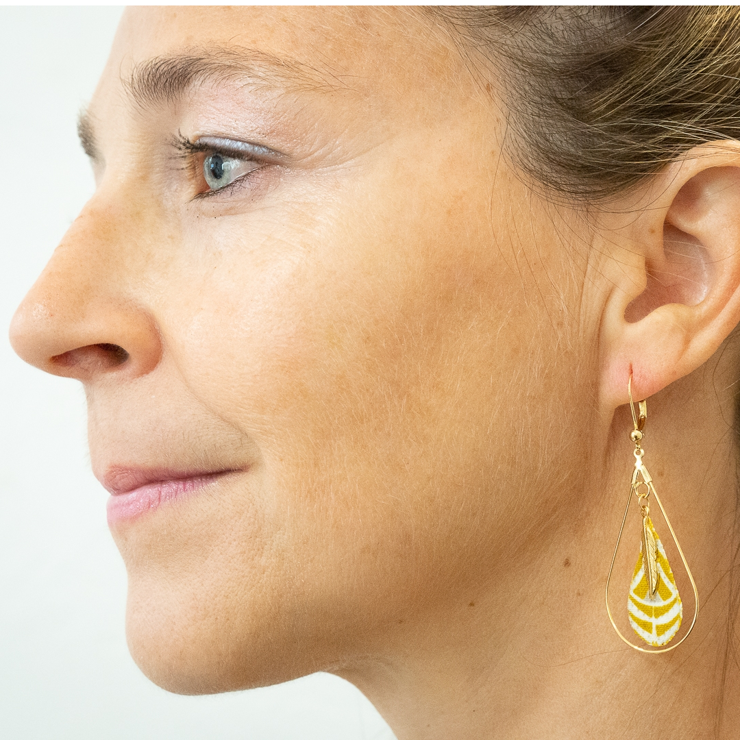 boucles d'oreilles tissu blanc doré plume plaqué or 3 microns créole goutte