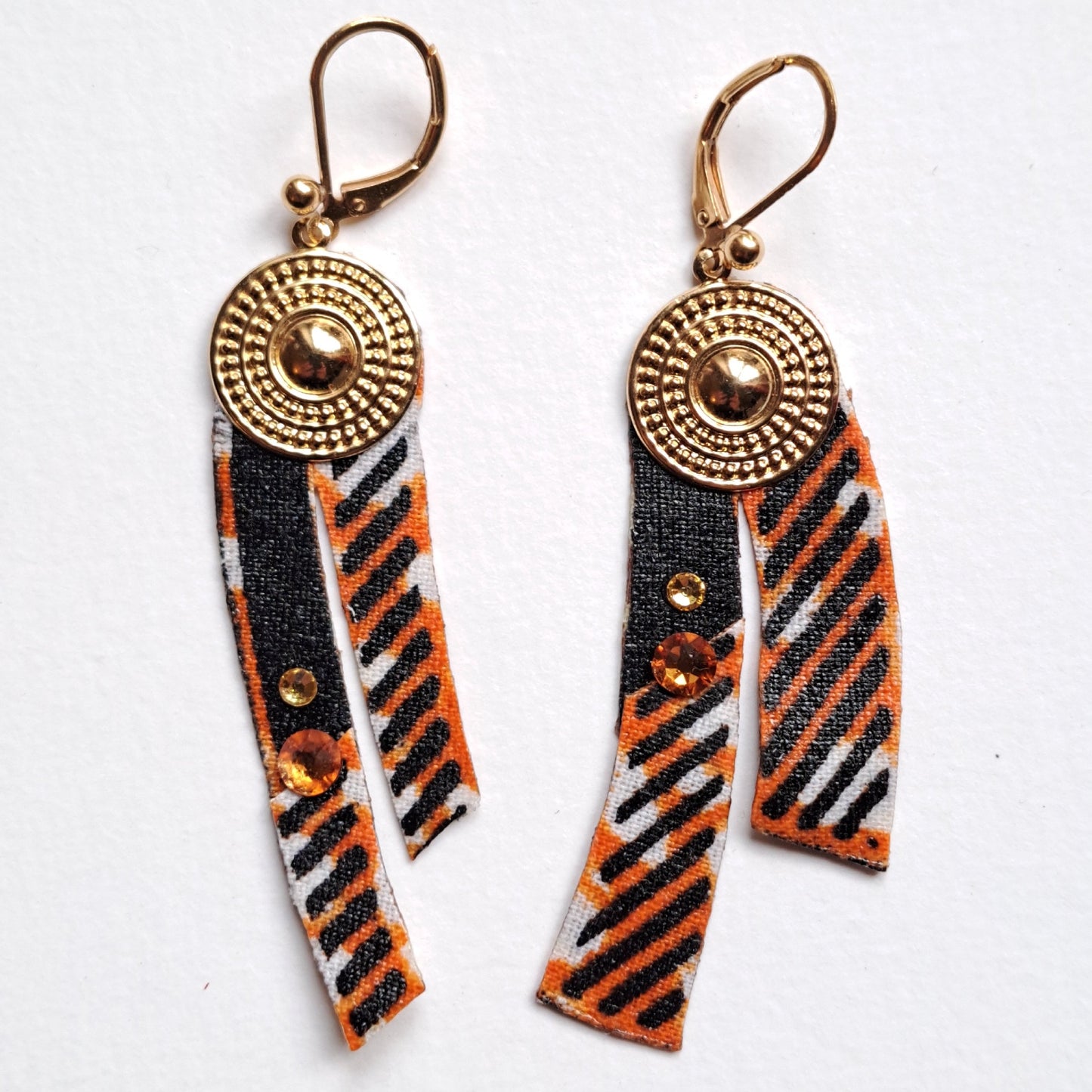 boucles d'oreilles tissu wax orange Swarovski doré pendantes