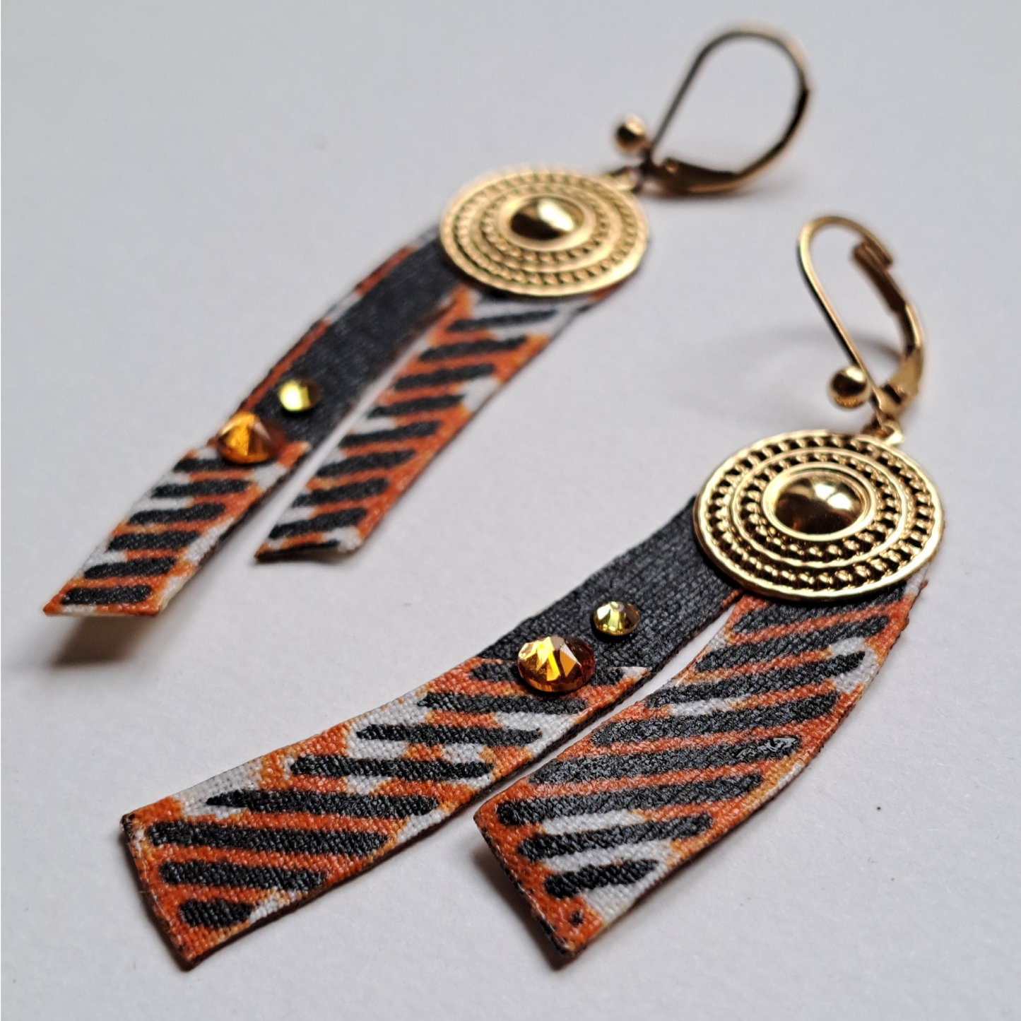 boucles d'oreilles tissu wax orange Swarovski doré pendantes