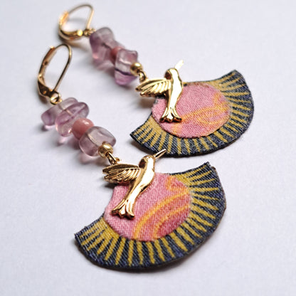 Magic colibris II - Boucles d'oreilles pendantes améthyste et rhodonite