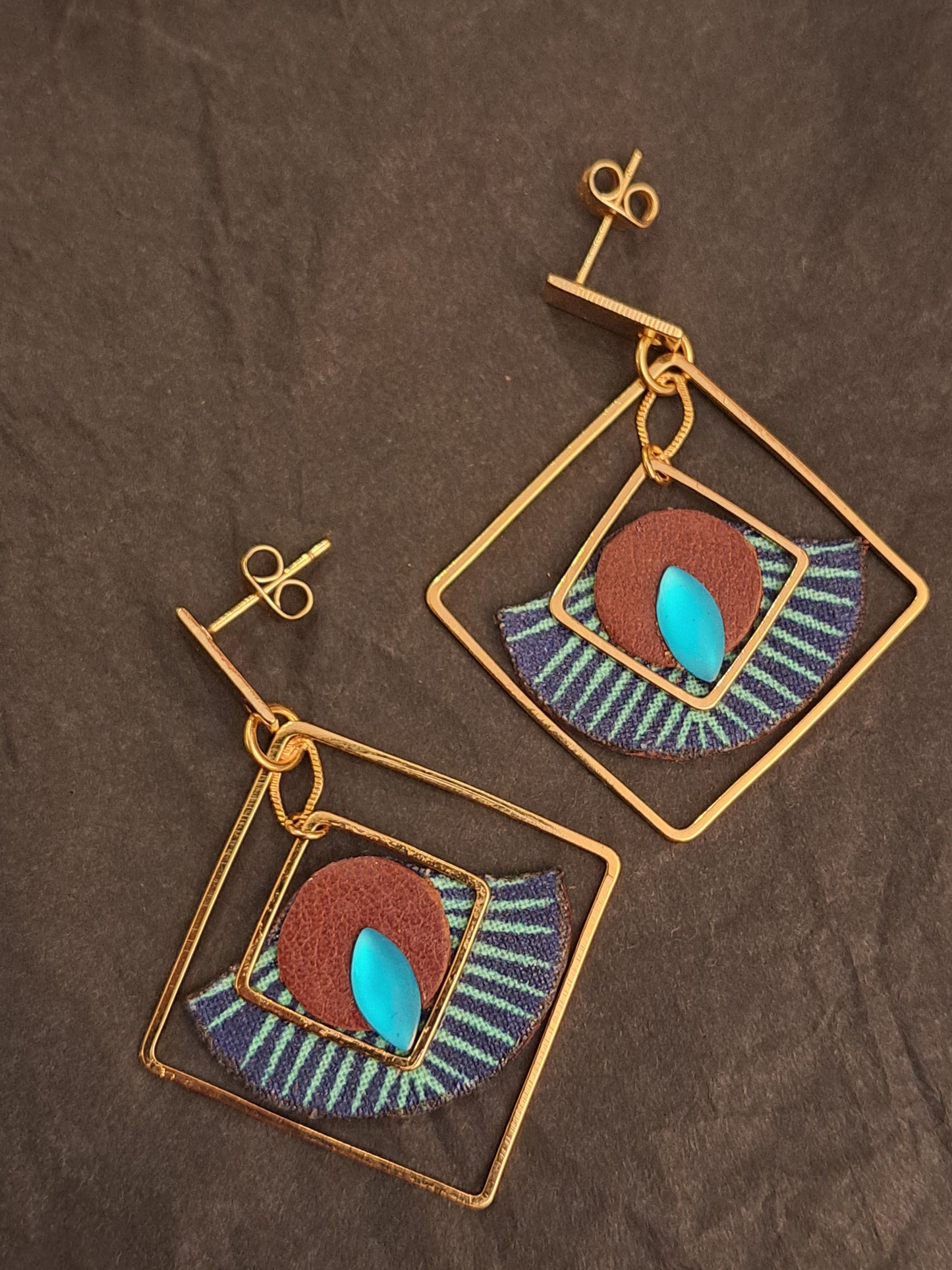 Art déco bleu  - Boucles d'oreilles carré cuir