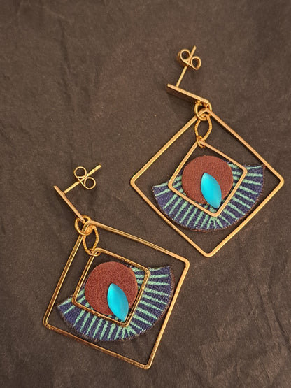 Art déco bleu  - Boucles d'oreilles carré cuir