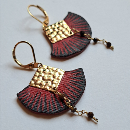 boucles d'oreilles tissu plaqué or œil de tigre doré noir rouge pendante cuir