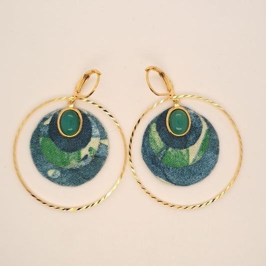 Mata Atlantica - Boucles d’oreilles dorées agate verte en tissu