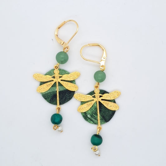 Libre en libellule vert  - Boucles d'oreilles pendantes aventurine malachite