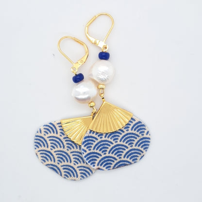 Hôi An bleu- Boucles d'oreilles perles d'eau douce
