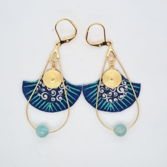 Gingko Indigo - Boucles d'oreilles pendantes bleues créoles gouttes