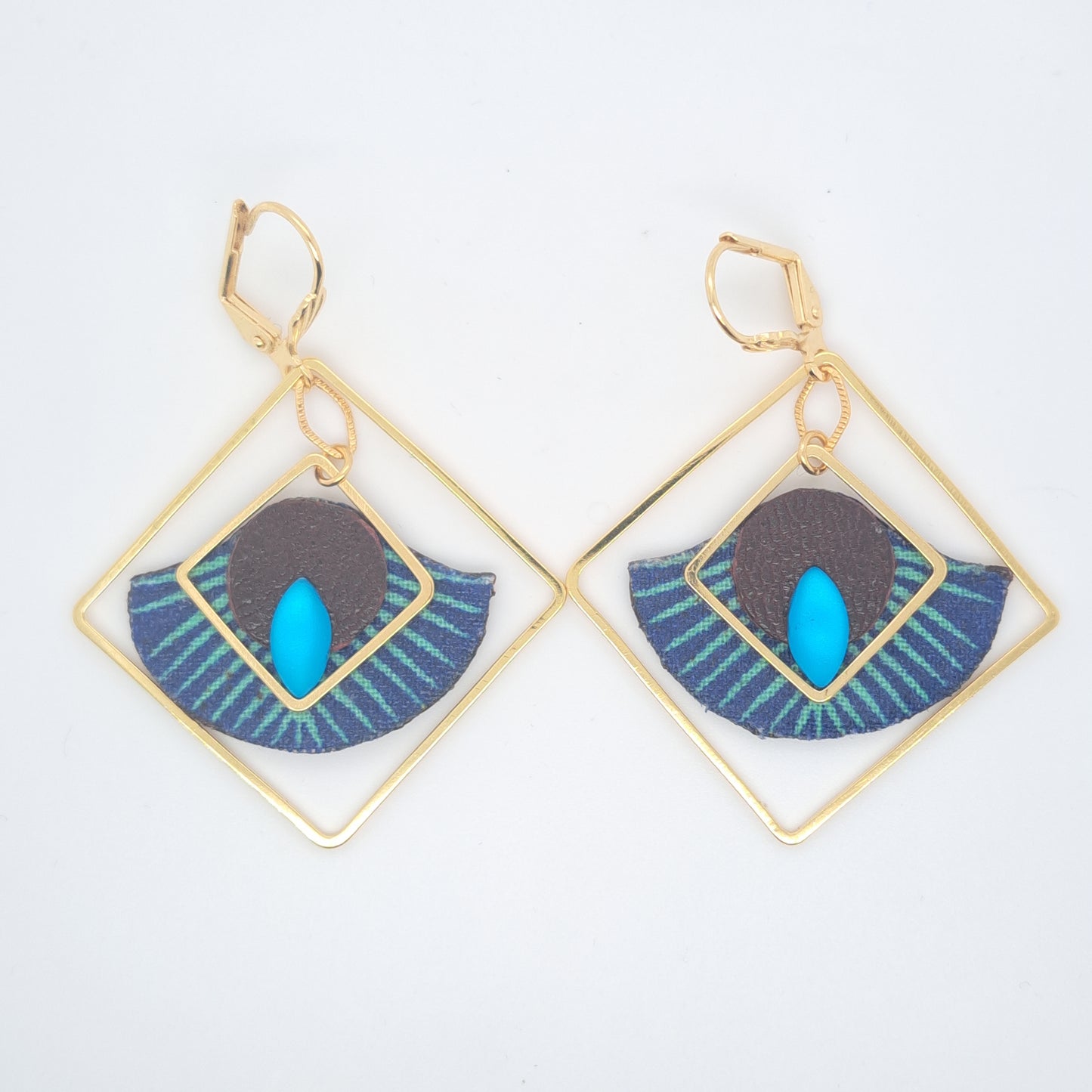 Art déco bleu  - Boucles d'oreilles carré cuir