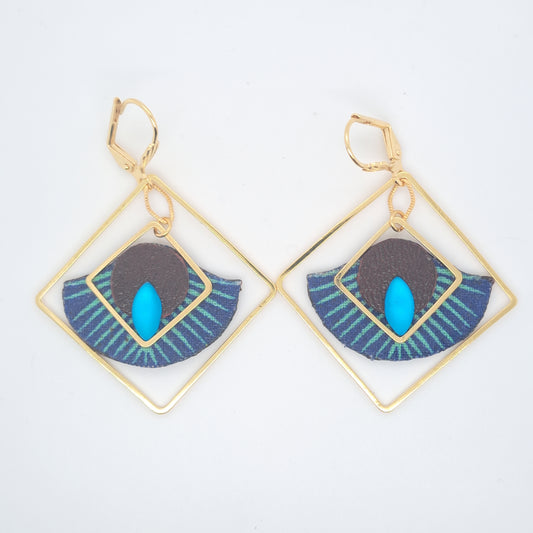 Art déco bleu  - Boucles d'oreilles carré cuir