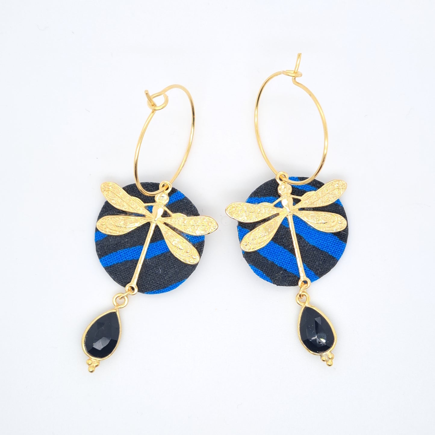 Libre en libellule bleu & noir - Boucles d'oreilles agate noire
