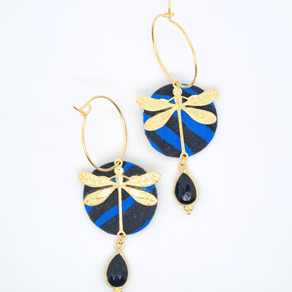 Libre en libellule bleu & noir - Boucles d'oreilles agate noire