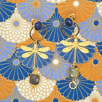 Bleu Envol des libellules - Boucles d'oreilles pendantes lapis lazuli labradorite